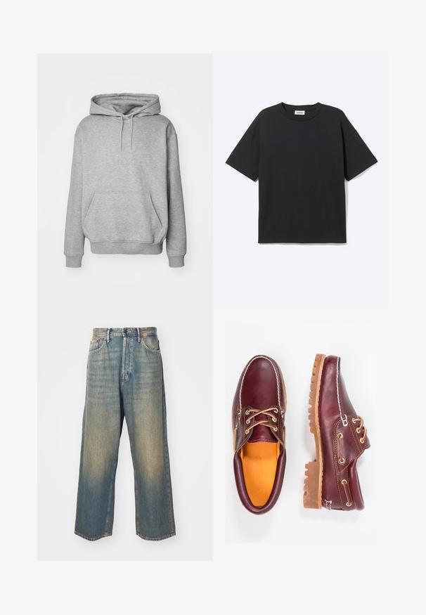 Grå hættetrøje i blødt stof med kængurulomme og ribkanter ved ærmerne. Har snøre til justerbar hætte.; Sort T-shirt med korte ærmer og rund hals med afslappet pasform, forfra, ensfarvet design og synligt Weekday-mærke inde i kraven.; Høj talje, lige ben, falmede blå denimjeans med forlommer og knaplukning på en lys baggrund.; Bordeaux lædersko med brune gummisåler, rund tå, hvid syning og gyldne snøringer. Indersiden har et gult for.