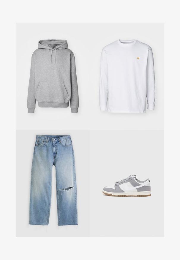 Grå hættetrøje i blødt stof med kængurulomme og ribkanter ved ærmerne. Har snøre til justerbar hætte.; Hvid langærmet t-shirt lavet af bomuld. Har et lille gyldent logo på brystet og en rund halsudskæring. Enkel design og standard pasform.; Lyseblå jeans med lige ben, en stor vandret rift på det højre knæ og frynsete kanter på en hvid baggrund.; Nike-sneakers har en øverste del i gråt ruskind og hvidt læder med perforeringer, runde snørebånd og en gummisål for greb.