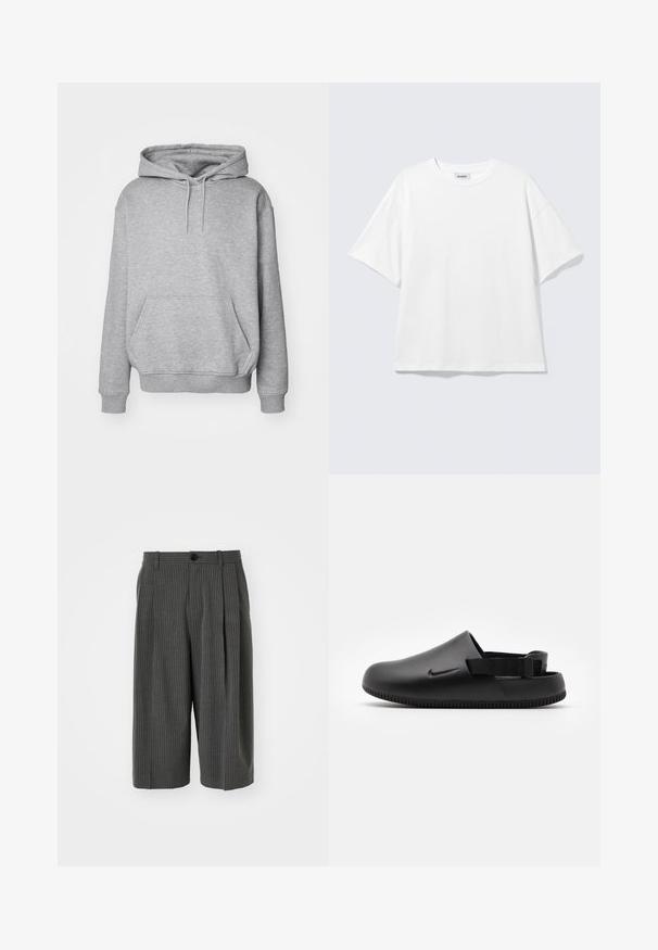 Grå hættetrøje i blødt stof med kængurulomme og ribkanter ved ærmerne. Har snøre til justerbar hætte.; Hvid oversized t-shirt med korte ærmer og rund halsudskæring med sænkede skuldre, fladt lagt på lys grå baggrund.; Grå stribede shorts med vid benvidde, knaplukning og plisseret forside. Fremstillet af et tekstureret materiale, der har et skræddersyet design.; Sorte formede klipklapper med en glat overflade, rygstrop for stabilitet og en ribbet sål for greb. Fungerer med et lille logo på siden.