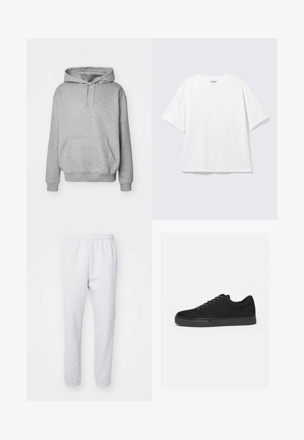 Sweat à capuche gris en tissu doux avec une poche kangourou et des poignets côtelés. Il est doté d'un cordon de serrage pour ajuster la capuche.; T-shirt blanc oversize à manches courtes, col rond, épaules tombantes, posé à plat sur fond gris clair.; Pantalon de survêtement gris clair en mélange de coton doux, avec une taille élastique et des poignets ajustés aux chevilles. Pas de motifs ni de logos visibles.; Baskets basses noires avec fermeture à lacets à l'avant et semelle en caoutchouc plate, vues de profil sur fond blanc.