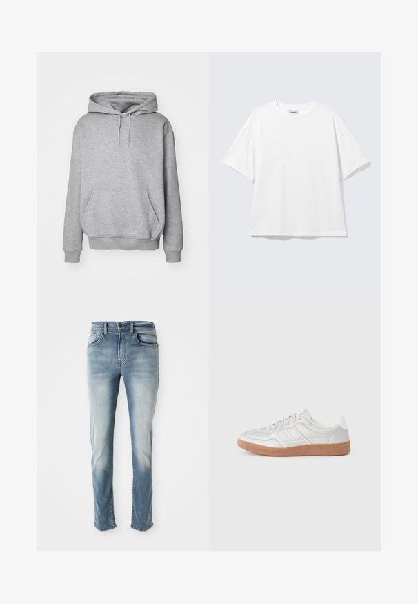 Sweat à capuche gris en tissu doux avec une poche kangourou et des poignets côtelés. Il est doté d'un cordon de serrage pour ajuster la capuche.; T-shirt blanc oversize à manches courtes, col rond, épaules tombantes, posé à plat sur fond gris clair.; Jeans en denim bleu clair avec un design classique à cinq poches, une décoloration subtile et une coupe droite. Comprend une fermeture à bouton et des passants de ceinture.; Baskets argentées avec une texture lisse, un design à lacets, des accents perforés et une semelle en caoutchouc marron texturé.