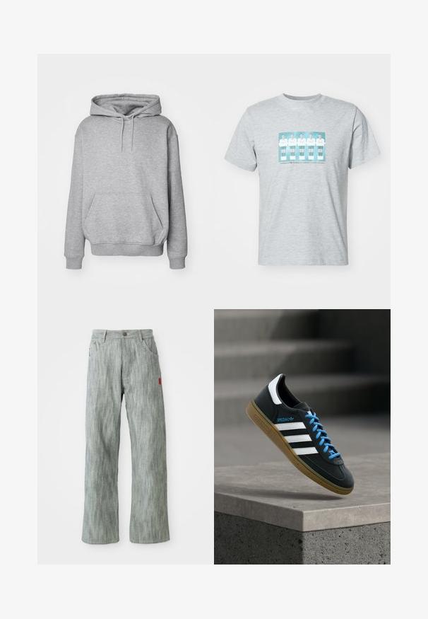 Grijze capuchontrui van een zachte stof met een kangoeroezak en geribbelde boorden. Voorzien van een trekkoord voor een verstelbare capuchon.; Grijze katoenen t-shirt met een centrale print van vijf voetballers in witte outfits met teal accenten, ronde halslijn en korte mouwen.; Lichtgrijze recht gesneden denim broeken met voor- en achterzakken, knoopsluiting en een klein rood stoffen label aan de rechterzijde.; Zwarte Adidas-sneaker met witte strepen, blauwe veters en een gumzool die boven een grijze betonnen trede zweeft in zacht licht.