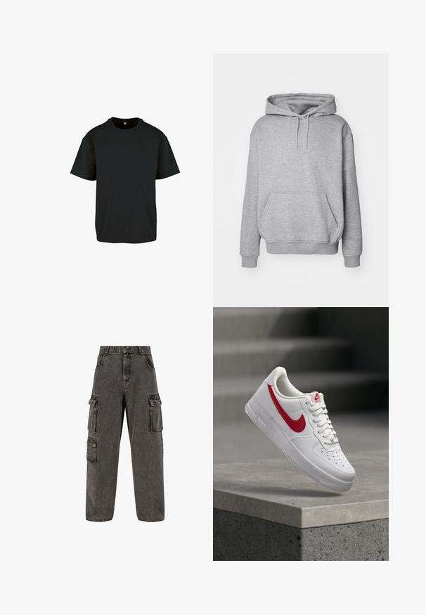 Sweat à capuche gris en tissu doux avec une poche kangourou et des poignets côtelés. Il est doté d'un cordon de serrage pour ajuster la capuche.; T-shirt en coton noir avec un col rond et des manches courtes ; il présente une coupe décontractée et une surface lisse et texturée.; Karl Kani OG BAGGY - Jean boyfriend - grey; Baskets blanches Nike Air Force 1 avec logo swoosh rouge flottant au-dessus d'un rebord en béton et des escaliers en arrière-plan.