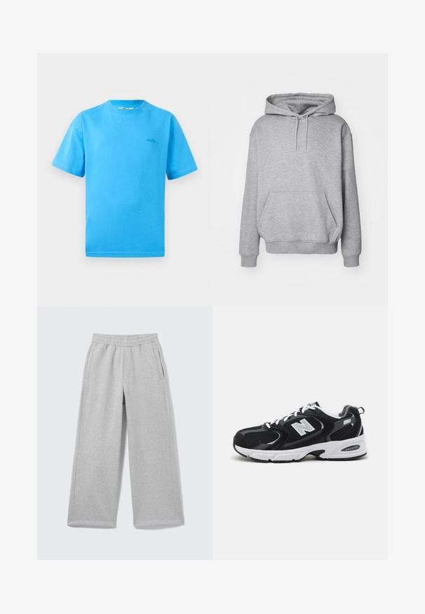 Grå hættetrøje i blødt stof med kængurulomme og ribkanter ved ærmerne. Har snøre til justerbar hætte.; Lyseblå bomulds-t-shirt med korte ærmer, rund hals og et lille logo på venstre bryst. Glat tekstur og klassisk pasform.; Lysegrå sweatpants med vide ben, elastisk linning og sidelommer vist på en ensfarvet baggrund.; Sorte og grå sportssko med mesh og ruskind på overdelen, der har en hvid mellemsål, snørebånd og et iøjnefaldende "N" logo på siden.