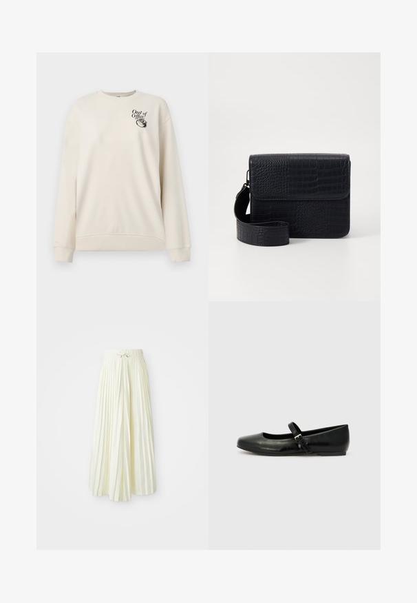 Kremfarvet langærmet sweatshirt med ribbede manchetter og kant, med teksten "Out of Office" og en vintage telefon grafik på brystet.; Plisseret midi-nederdel i lys gul stof, med elastisk talje og bindebånd, glat tekstur og lodrette striber for ekstra detaljer.; Sorte læder balletflade med rund tå, flad sål og en tynd justerbar rem over svangen med en metalspænde.; Sort taske med krokodillestruktur, rektangulær form, omslag og aftagelig rem. Har en glat overflade og blankt udseende.