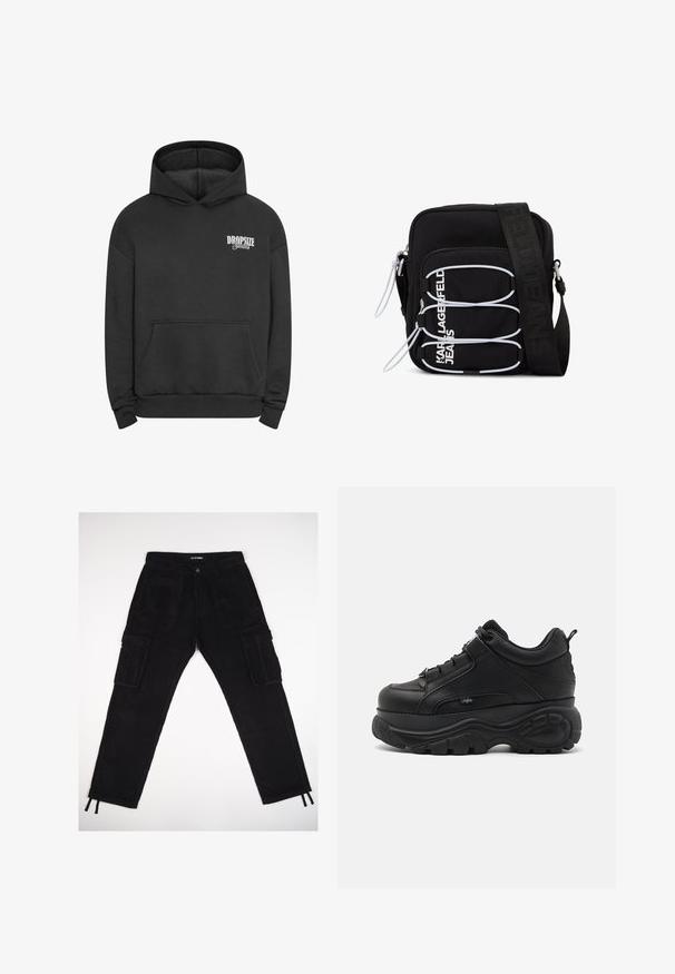 Schwarzer Hoodie aus Baumwollmischung, mit einer Fronttasche, gerippten Bündchen und einem weißen Logo auf der linken Brustseite. Klassisches Pulli-Design.; Schwarze Cordhosen mit geradem Bein, zwei seitlichen Cargo-Taschen, vorderer Knopfleiste und Kordelzug an den Knöcheln.; Schwarze Leder-Chucksneaker mit dicker Gummisohle, schlankem Design und strukturierten Akzenten. Verfügt über Schnürsenkel und eine Zuglasche an der Ferse.; Schwarze Umhängetasche mit weißen elastischen Schlaufen, Reißverschlüssen und weißem "KARL LAGERFELD JEANS"-Schriftzug auf der Vorderseite.