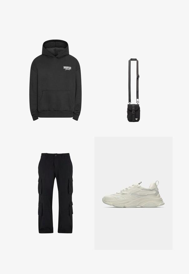 Haut à capuche noir en mélange de coton, avec une poche à l'avant, des poignets côtelés et un logo blanc sur la zone gauche de la poitrine. Design classique à enfiler.; Pantalons cargo noirs en tissu coton, dotés de plusieurs poches latérales, d'une coupe décontractée et d'une jambe droite.; Baskets blanches épaisses avec accents en mesh, semelle en caoutchouc texturée et forme arrondie. Présente un marquage minimal et une languette de tirage à l'arrière.; Sac en bandoulière noir en tissu avec sangle réglable, rabat avant et poche zippée. Doté de quincaillerie de marque et d'une forme rectangulaire compacte.