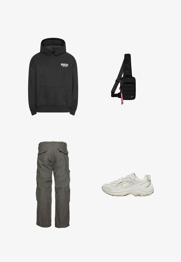 Haut à capuche noir en mélange de coton, avec une poche à l'avant, des poignets côtelés et un logo blanc sur la zone gauche de la poitrine. Design classique à enfiler.; Pantalons cargo en vert olive, avec de multiples poches latérales, une coupe décontractée et des poignets ajustables pour un maintien sûr. Tissu en coton durable.; Baskets blanches avec une tige texturée et une semelle épaisse. Elles présentent des lignes courbes, des accents gris subtils et un design à lacets.; Sac bandoulière noir en tissu texturé. Comprend un compartiment principal à fermeture éclair, une poche avant avec sangle, une bandoulière réglable et une étiquette décorative.