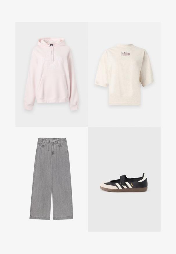 Lyserød New Balance-hættetrøje med frontlomme, snøre i hætten og hvidt præget "New Balance Athletics"-logo på brystet.; Beige New Balance Athletics T-shirt med korte ærmer med vinrødt logo og tekst centreret på brystet, ensfarvet baggrund.; Grå vide bukser lavet af denim, med en elastisk talje og snøre, to forlommer og et lige ben-design.; Sort og beige sko med velcrolukning, tre hvide striber på siden og en tekstureret brun gummisål. Mærkelogo er synligt.