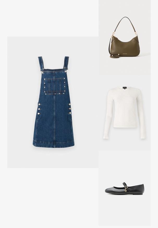 Witte lange mouwen top met een textuur, geweven patroon. Ronde halslijn en slim fit ontwerp. Zachte stof met een lichte glans.; Denim jurk met bretels in donkerblauw, met verstelbare banden, een voorzak en zijknopen voor het vastmaken. Glad materiaal en casual ontwerp.; Zwart leren Mary Jane platte schoen met een kleine gouden gesp en een ronde bedel op een witte achtergrond.; Olijfgroene leren handtas met korte en lange banden, goudkleurige details en het Michael Kors-logo in goud vlak bij de onderkant op een effen achtergrond.