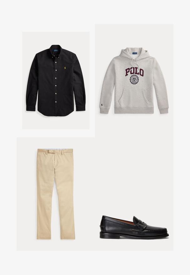 Svetlosivá mikina s kapucňou s "POLO" vo veľkých bordových písmenách a kruhovou emblémou Polo Ralph Lauren New York pod nimi na prednej strane.; Čierna košeľa s dlhým rukávom na gombíky, s gombíkovým golierom a malým žltým logom Polo Ralph Lauren na ľavej strane hrudníka.; Béžové nohavice s rovnými nohavicami, s pútkami na opasok a predným zipsom, položené na bielom pozadí.; Čierny kožený mokasín s nízkym podpätkom a detailom s penny remienkom, zobrazený z boku na svetlosivom pozadí.