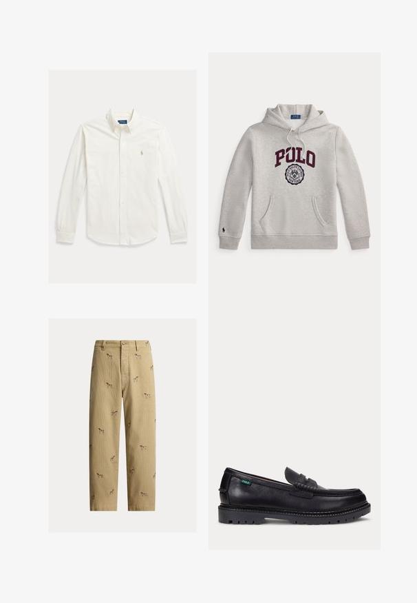 Hellgrauer Hoodie mit "POLO" in großen bordeauxroten Buchstaben und einem runden Polo Ralph Lauren New York Emblem darunter auf der Vorderseite.; Weißes langärmeliges Hemd mit Knopfleiste und Kragen, mit Polo Ralph Lauren-Logo auf der linken Brustseite bestickt.; Beige Cordhosen aus Cord mit bestickten Hundemotiven, geradem Beinschnitt und Fünf-Taschen-Design mit vorderem Knopfverschluss.; Schwarzer Lederloafer mit dicker Profilsohle und kleinem grünen "Polo"-Etikett an der Außenseite nahe der Ferse.