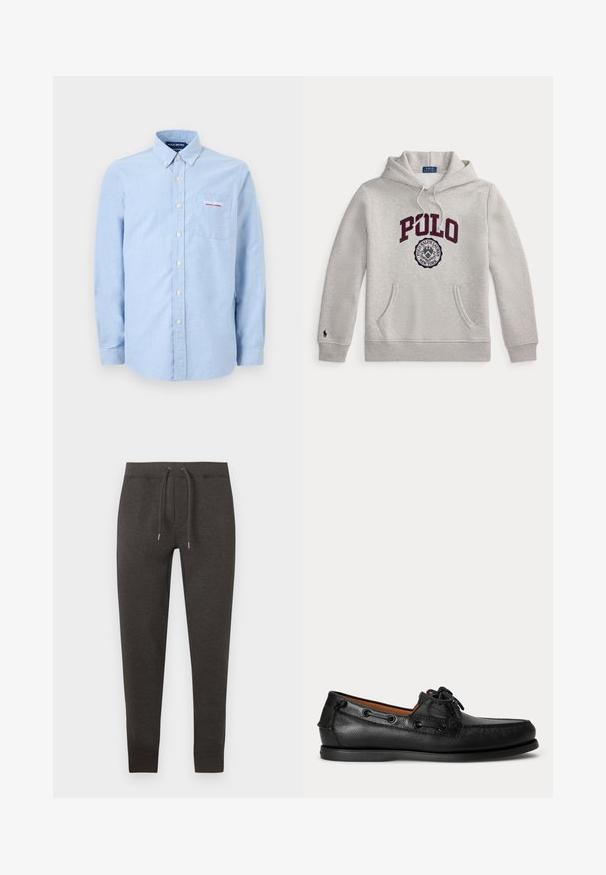 Sweat à capuche gris clair avec "POLO" en grandes lettres bordeaux et un emblème circulaire Polo Ralph Lauren New York en dessous sur le devant.; Chemise bleu clair à manches longues avec col à boutons, poche avant et broderie du logo "Polo Sport Ralph Lauren" sur la poche.; Pantalon de survêtement gris foncé en matière douce, doté d'une ceinture élastique avec cordon de serrage, jambes fuselées et poignets à la cheville.; Mocassin en cuir noir avec détail lacé et semelle basse en caoutchouc, présenté de profil sur un fond clair uni.
