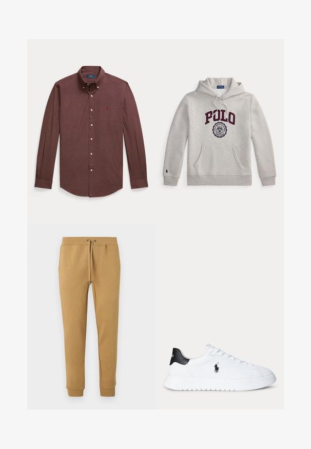Lysegrå hættetrøje med "POLO" i store bordeaux bogstaver og et cirkulært Polo Ralph Lauren New York emblem nedenfor foran.; Rød og navy skjorte med knapper, et lille geometrisk mønster, lange ærmer og en klassisk krave. Har et lille logo på brystet.; Beige sweatpants med smal pasform, elastisk talje med snøre og manchetter ved anklerne, vist mod hvid baggrund.; Hvid lavtop sneaker med sort hælstrop og sort Polo Ralph Lauren-logo på siden, med hvide snørebånd og en tyk hvid sål.