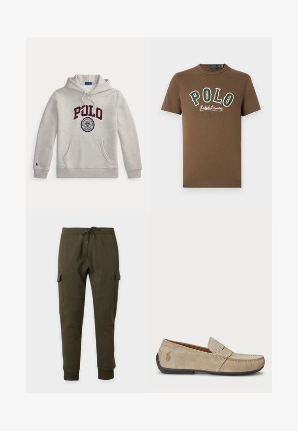 Lysegrå hættetrøje med "POLO" i store bordeaux bogstaver og et cirkulært Polo Ralph Lauren New York emblem nedenfor foran.; Brun t-shirt med korte ærmer med grøn og hvid "POLO Ralph Lauren" tekst på fronten og lille hvid polospiller-logo nær bundkanten.; Mørkegrønne cargo joggerbukser med snøre i taljen, sidelommer med klapper, ribben manchetter ved anklerne og knæ-sømme detaljer på en ensfarvet baggrund.; Beige ruskindsloafers med syninger, flad gummisål og et lille logo på siden. Klassisk slip-on design, blød tekstur.