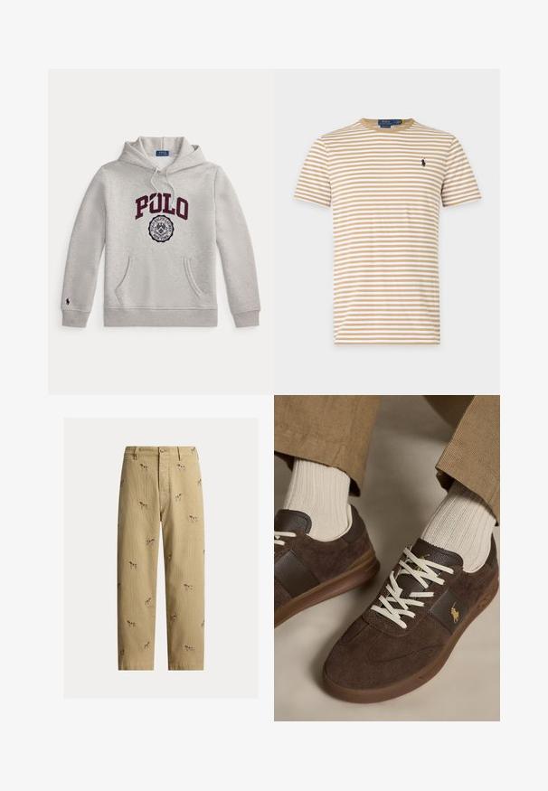 Sweat à capuche gris clair avec "POLO" en grandes lettres bordeaux et un emblème circulaire Polo Ralph Lauren New York en dessous sur le devant.; T-shirt beige et blanc à rayures, manches courtes et col rond, avec un petit logo brodé foncé sur la poitrine gauche.; Pantalon en velours côtelé beige avec motifs brodés de chiens, coupe droite, cinq poches et fermeture à bouton devant.; Baskets en daim marron avec lacets blancs portées avec des chaussettes côtelées beiges et un pantalon marron clair.