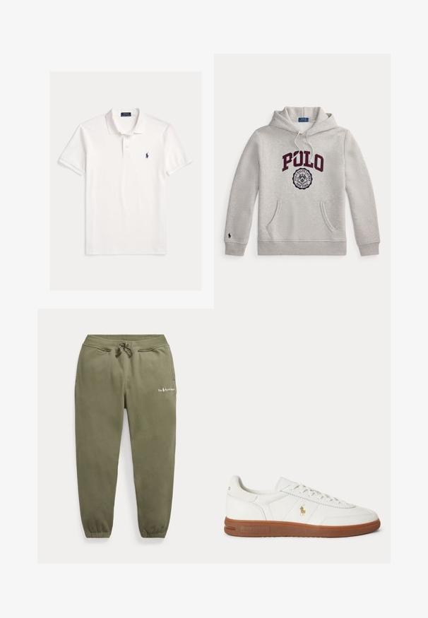 Lichtgrijze hoodie met "POLO" in grote bordeauxrode letters en een cirkelvormig Polo Ralph Lauren New York-embleem onderaan aan de voorkant.; Wit Polo Ralph Lauren overhemd met korte mouwen, kraag, twee knoopsgaten en klein marineblauw geborduurd paardenlogo op de linkerborst.; Olijfgroene joggingbroek met elastische taille en boorden, trekkoord, zijzakken en klein Polo Ralph Lauren-logo op de linker dij.; Witte lage sneaker met bruine zool, veters aan de voorkant en klein gouden Polo Ralph Lauren-logo aan de zijkant.