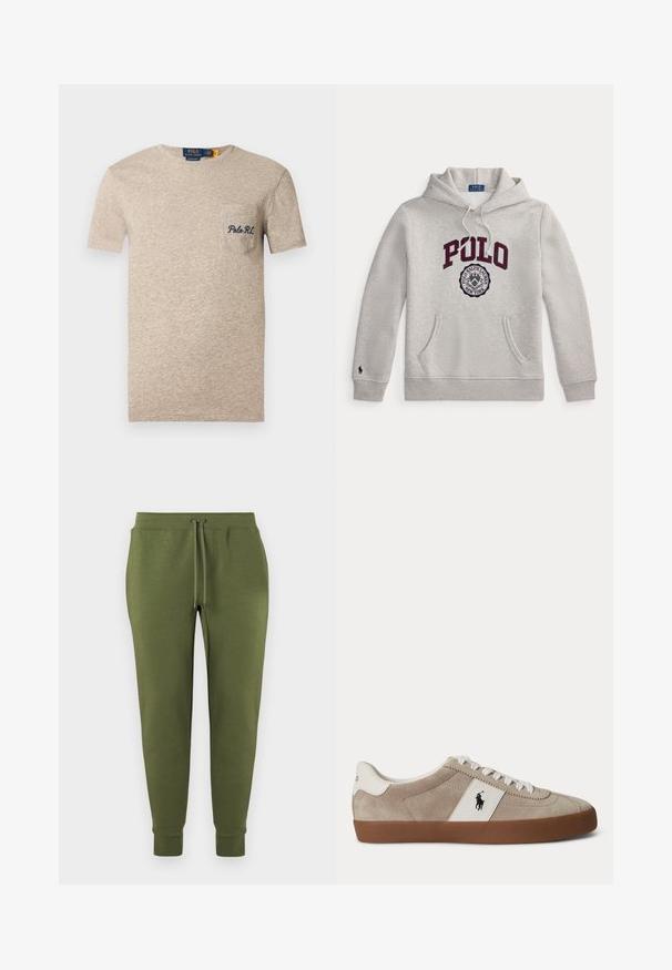 Light gray hoodie with "POLO" in large burgundy letters and a circular Polo Ralph Lauren New York emblem below on the front.; Beige cotton t-shirt with a crew neck, short sleeves, and a left chest pocket featuring embroidered "Polo RL" in navy blue.; Olive green jogger pants with elastic waistband and drawstring, tapered legs, and ribbed cuffs.; Beige suede low-top sneaker with white laces, white leather accent with black horse logo, and brown rubber sole.