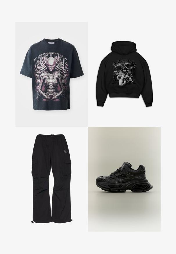 Schwarzer Kapuzenpullover mit einem Grafikdesign eines Schlangenin und Blitzakzenten. Der Text darüber lautet "MJ GONZALES". Das Material scheint weich und mit einem lockeren Schnitt zu sein.; Schwarzes T-Shirt aus Baumwolle mit einem großen pink-weißen Design einer humanoiden Figur, die über komplexe Details verfügt, sowie dem Text "VERTERE."; Schwarze Cargo-Hosen aus leichtem Material, mit elastischem Bund und Kordelzug, seitlichen Taschen und verstellbaren Bündchen.; Schwarzer klobiger Sneaker mit strukturiertem Design, dicker Sohle und Schnürverschluss vor schlichtem neutralem Hintergrund.