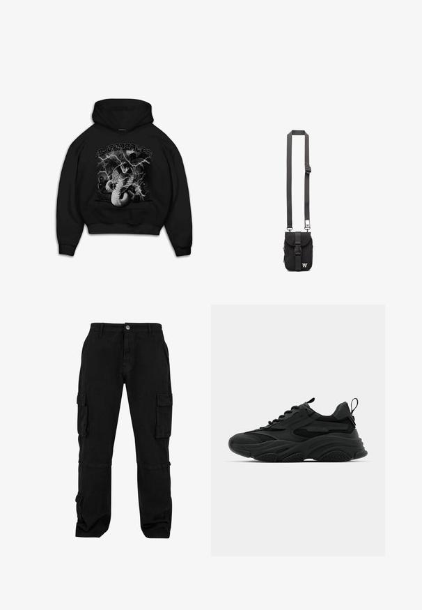 Hoodie noir avec un graphisme d'un serpent accompagné d'accents d'éclair. Le texte au-dessus indique "MJ GONZALES". La matière semble douce avec une coupe décontractée.; Pantalons cargo noirs en tissu durable. Dotés de plusieurs poches latérales, d'une coupe décontractée et de détails cousus. Design classique adapté à diverses utilisations.; Baskets de sport noires avec une semelle épaisse, des panneaux en mesh et des accents en caoutchouc. Elles disposent d'une sangle de traction à l'arrière et de motifs texturés.; Sac en bandoulière noir en tissu avec sangle réglable, rabat avant et poche zippée. Doté de quincaillerie de marque et d'une forme rectangulaire compacte.