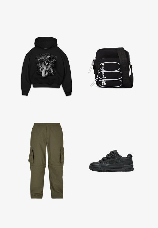 Schwarzer Kapuzenpullover mit einem Grafikdesign eines Schlangenin und Blitzakzenten. Der Text darüber lautet "MJ GONZALES". Das Material scheint weich und mit einem lockeren Schnitt zu sein.; Olivgrüne Cargo-Hosen aus leichtem Material, mit mehreren Seitentaschen, einem elastischen Bund und einem geraden Schnitt.; Schwarzer Low-Top-Sneaker mit dicker Sohle, gepolstertem Kragen, Mesh-Einsätzen und kräftigen Schnürsenkeln, dargestellt vor weißem Hintergrund.; Schwarze Umhängetasche mit weißen elastischen Schlaufen, Reißverschlüssen und weißem "KARL LAGERFELD JEANS"-Schriftzug auf der Vorderseite.