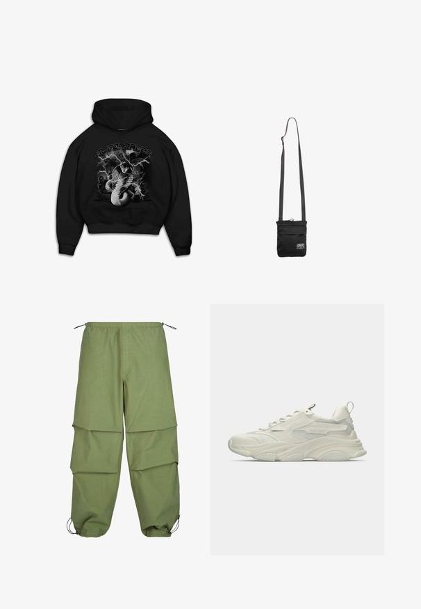 Sudadera negra con capucha que presenta un gráfico de una serpiente con acentos de rayos. El texto en la parte superior dice "MJ GONZALES". El material parece suave y tiene un corte relajado.; Pantalones cargo ligeros de color verde oliva, con cintura elástica, diseño en capas y puños ajustables con cordón. Fabricados con una tela lisa y duradera.; Zapatilla blanca gruesa con detalles de malla, suela de goma texturizada y forma redondeada. Presenta una marca mínima y una lengüeta para tirar en el talón.; Bolso cruzado negro con correa ajustable y pequeña etiqueta rectangular blanca con logo en la parte inferior delantera.