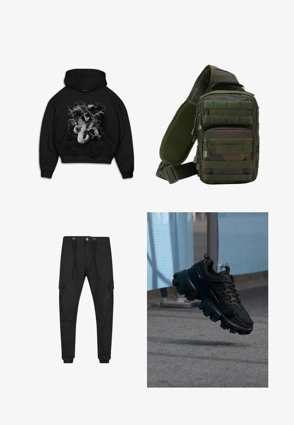Sudadera negra con capucha que presenta un gráfico de una serpiente con acentos de rayos. El texto en la parte superior dice "MJ GONZALES". El material parece suave y tiene un corte relajado.; Pantalones cargo negros entallados con puños elásticos, cierre frontal de botón y cremallera, cintura con cordón y bolsillos con solapa en cada muslo.; Zapatilla negra y gruesa con suela de taco grueso flotando sobre un pavimento gris, con un fondo desenfocado azul claro y gris.; Mochila tipo bandolera en camuflaje verde con múltiples bolsillos con cremallera, una correa ajustable y un panel trasero de malla para ventilación.