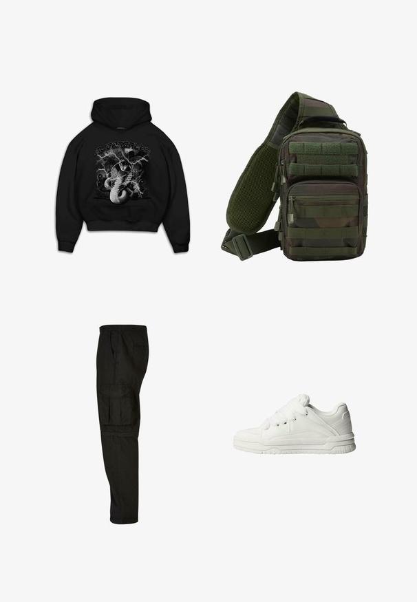Hoodie noir avec un graphisme d'un serpent accompagné d'accents d'éclair. Le texte au-dessus indique "MJ GONZALES". La matière semble douce avec une coupe décontractée.; Pantalons cargo noirs avec une coupe décontractée, une taille élastique, des poches latérales et une grande poche cargo sur la cuisse. Tissu doux et léger.; Baskets blanches avec un extérieur en cuir lisse, une languette rembourrée, des lacets plats et des accents texturés sur les côtés et le talon.; Sac à dos en bandoulière camouflage vert avec plusieurs poches zippées, une sangle réglable et un panneau arrière en mesh pour la ventilation.