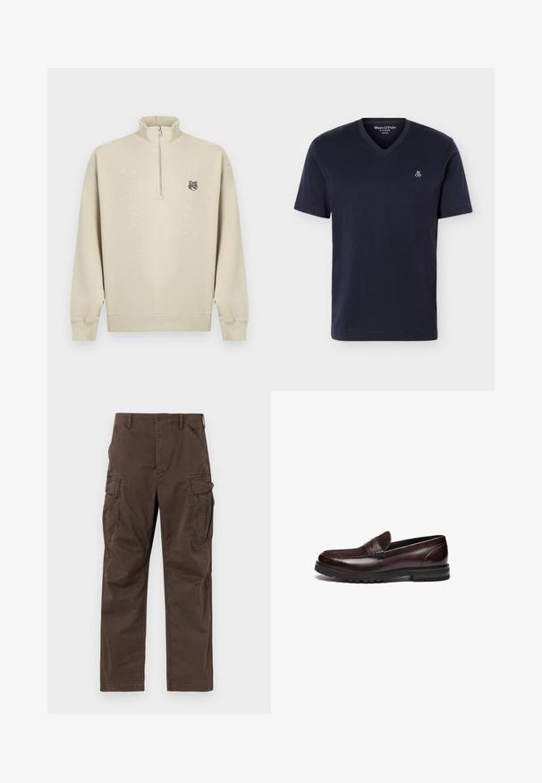 Beige sweatshirt med kvartlynlås, lange ærmer og ribbede manchetter, med en lille ulvehovedlogo på venstre bryst.; Marineblå T-shirt med korte ærmer og V-udskæring, med lille hvid "M OP"-logo på venstre bryst, almindelig pasform, vist på hvid baggrund.; Brune cargobukser med lige ben, sidelommer med klap, skrålommer foran, bæltestropper og knaplukning.; Brune læder loafers med en ruskindsdetalje, rund tå og tekstureret gummisål. Har syet detaljering og en let hæl.