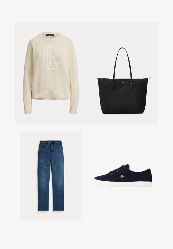 Kremfarvet strikket sweater med lange ærmer og ribbet manchetter, halsudskæring og kant, med et forhøjet broderet monogram foran.; Straight-leg blå denim jeans med fem lommer, knaplukning og subtil falmning på lår og knæ, lagt fladt på hvid baggrund.; Lauren Ralph Lauren JANSON II CANVAS SNEAKER - Sneakers - navy; Sort mulepose med lange håndtag, gyldent lynlås og lille gyldent "RL" logo midt på forsiden.