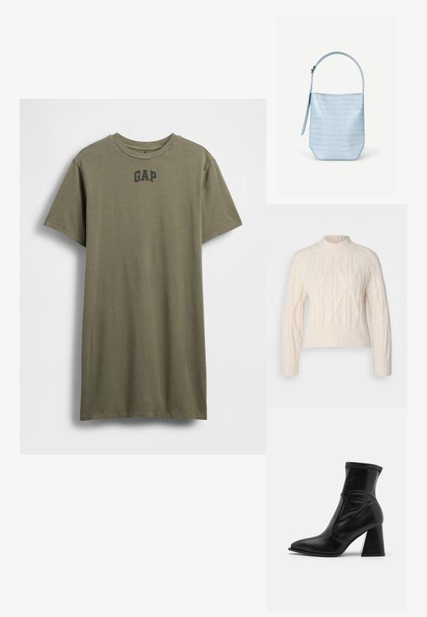 Suéter de punto trenzado color crema con cuello alto, mangas largas y dobladillo acanalado. Presenta patrones texturizados y un corte relajado.; Camiseta de algodón verde oliva con mangas cortas, cuello redondo y logo negro "GAP" centrado en el pecho. Diseño sencillo, color sólido.; Botín negro de cuero suave, con punta afilada, puño elástico en el tobillo y tacón apilado y texturizado.; Bolso de mano azul claro con textura de cocodrilo, forma rectangular, asa superior única y una correa colgante lateral sobre un fondo blanco liso.