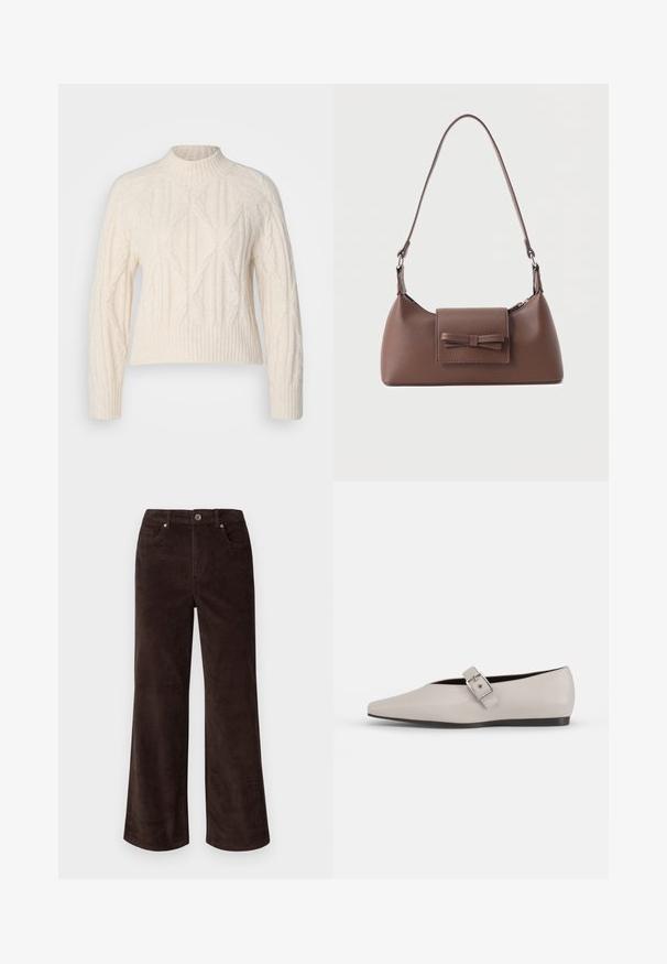 Cremefarvet kabelstrikket sweater med høj hals, lange ærmer og ribbet kant. Har teksturerede mønstre og en afslappet pasform.; Vero Moda Petite VMTESSA PANTS - Bukser - chocolate torte; Beige læder flad sko med spidse tæer, en sidelukning som accent og en lav sort sål. Glat tekstur og minimalistisk design.; Brun skuldertaske i læder med en frontlomme med klap, der har en sydd sløjfedetalje, og en justerbar rem.