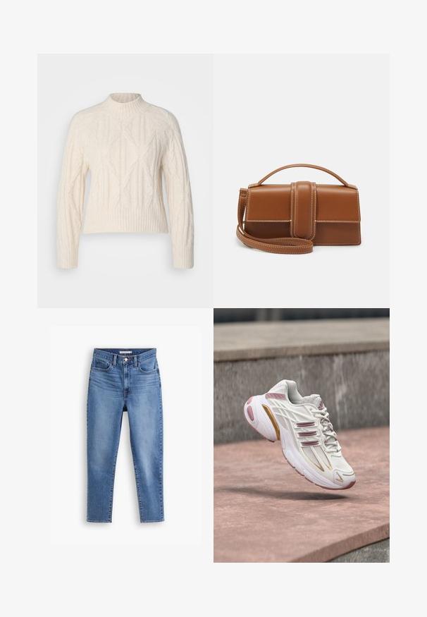 Cremefarvet kabelstrikket sweater med høj hals, lange ærmer og ribbet kant. Har teksturerede mønstre og en afslappet pasform.; Blå højtaljede kvindejeans med frontknap og lynlåslukning, bæltestropper og fem-pockets design, flad på hvid baggrund.; Hvid og lyserød atletiksneaker med gyldne accenter, fanget i luften over en stenet overflade og betontrapper i baggrunden.; Brun læderrektangulær håndtaske med top håndtag, frontklap, bredt centralt bånd, hvide syninger og aftagelig skulderrem på hvid baggrund.