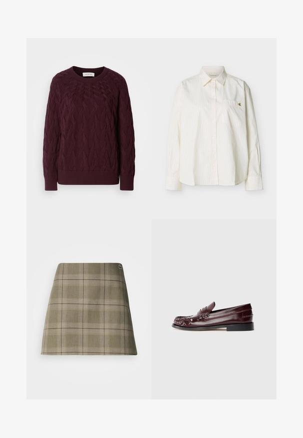 Bordeaux kabelstrik sweater med rund hals, ribstrikkede håndled og kant. Har et tekstureret mønster hele vejen igennem og et lille logo-detalje i kanten.; Hvid langærmet skjorte med knapper, tynde lodrette striber, spids krave, brystlomme foran og lille guld "cK"-logo på lommen.; Skotsk ternet mini nederdel i olivengrøn og beige, med et lige design, en subtil struktur og en lille logoaccent nær taljen.; Burgunderfarvet læder penny loafer med sort sål og guldfarvet metal detalje på vamp, vist i sidevisning på hvid baggrund.