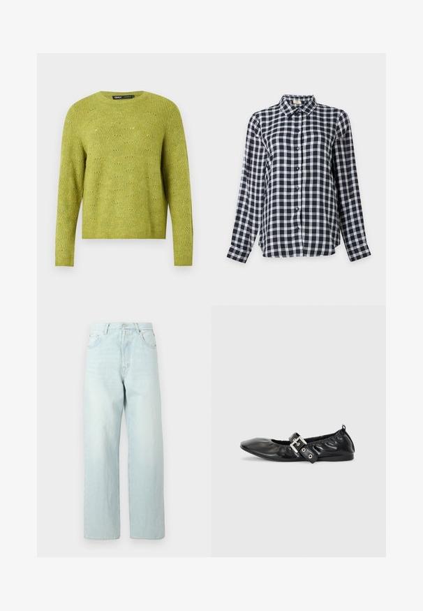 Pull en tricot vert à manches longues avec un motif texturé subtil et un col rond sur un fond uni clair.; Chemise à carreaux noire, blanche et grise à manches longues avec boutons et col classique, affichée sur un fond clair uni.; Jean large en denim bleu clair à taille haute, doté de cinq poches, d'une fermeture par bouton et d'un léger délavage.; Chaussure plate en cuir noir avec un nez pointu, des détails froncés autour de l'ouverture et un accent en boucle argentée sur la bride ajustable.