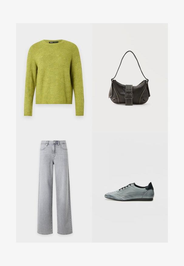 Pull en tricot vert à manches longues avec un motif texturé subtil et un col rond sur un fond uni clair.; Jean denim gris clair à jambes larges avec bouton devant, fermeture éclair et poches devant sur fond blanc uni.; Baskets en cuir gris clair au design épuré, avec des détails cousus, des lacets noirs et un accent de talon foncé. Semelle en caoutchouc.; Sac à épaule en cuir noir avec une sangle à boucle, des bords arrondis et des coutures blanches contrastées sur un fond uni.