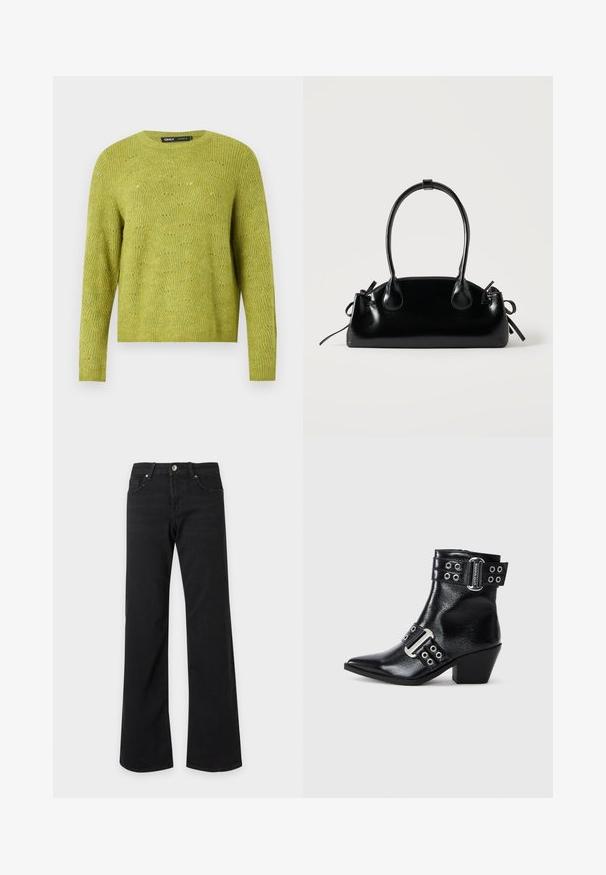 Pull en tricot vert à manches longues avec un motif texturé subtil et un col rond sur un fond uni clair.; Jean noir taille haute avec jambes droites et larges, poches avant, passants de ceinture et fermeture par bouton métallique sur fond blanc.; Bottine en cuir noir à bout pointu, avec des accents en boucle argentée et deux sangles avec œillets. Talon bas pour une meilleure stabilité.; Petit sac à main noir brillant avec deux longues anses et des détails à cordon sur les côtés sur un fond clair uni.