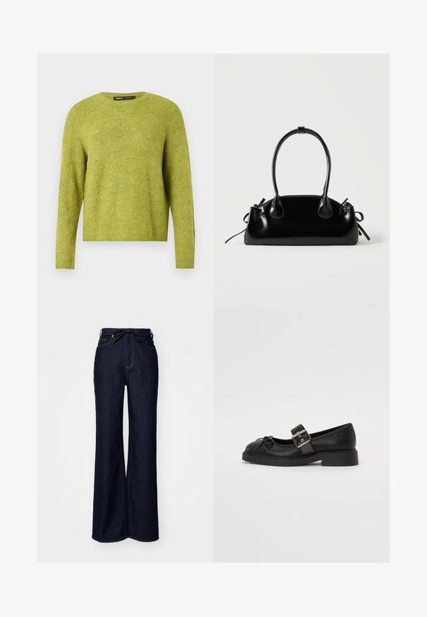 Langærmet grønstrikket sweater med subtilt teksturmønster og rund halsudskæring på en ensfarvet lys baggrund.; Mørkeblå brede bukser lavet af denim, med høj talje, forlommer og en bindebåndslukning i taljen.; Sort læder Mary Jane-sko med rund tå, ankelrem og sølv spænde detalje. Har en flad, chunky sål og en sløjfe akcent.; Lille sort blank håndtaske med to lange håndtag og snøre-detaljer i siden på en ensfarvet lys baggrund.