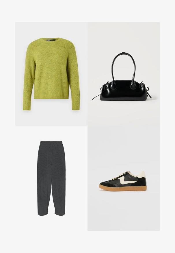 Pull en tricot vert à manches longues avec un motif texturé subtil et un col rond sur un fond uni clair.; Pantalon noir coupe ample avec ceinture élastique et cordon, présenté à plat sur fond blanc.; Baskets en daim et cuir noir avec un swoosh latéral crème et un talon crème clair. Dotées de lacets beige et d'une semelle en caoutchouc gomme.; Petit sac à main noir brillant avec deux longues anses et des détails à cordon sur les côtés sur un fond clair uni.