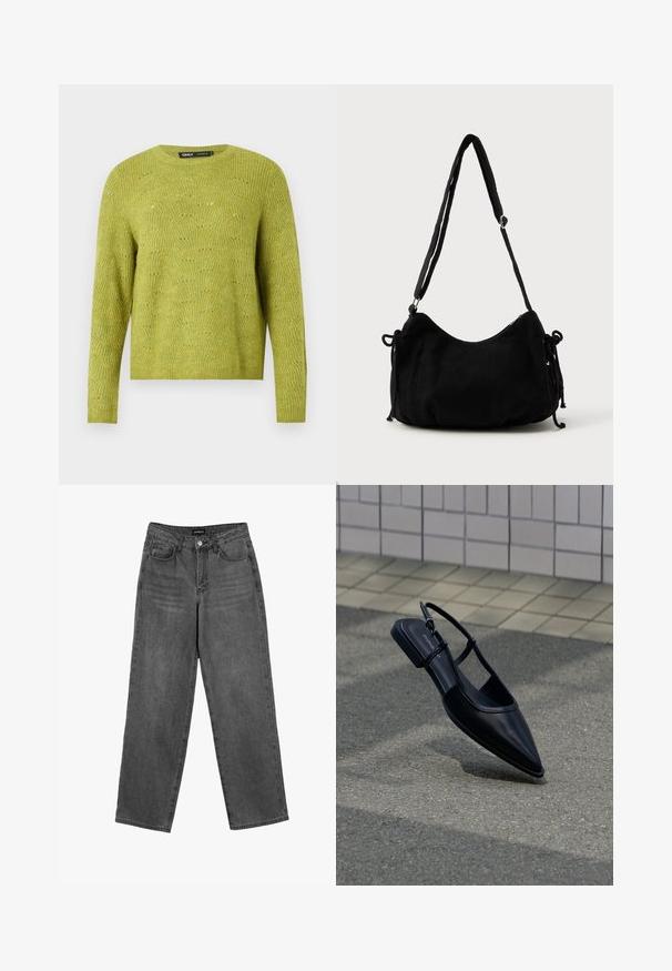 Groen gebreide trui met lange mouwen, subtiel textuurpatroon en ronde hals op een effen lichte achtergrond.; Zwarte high-waisted straight-leg jeans met een knoop aan de voorkant en zakken, weergegeven op een witte achtergrond.; Zwarte platte schoen met puntige neus en slingback, zwevend boven een asfaltoppervlak naast een betegeld trottoir.; Zwarte corduroy schoudertas met een gebogen vorm, een verstelbare schouderband en trekkoordsluitingen aan beide zijkanten voor maataanpassing.