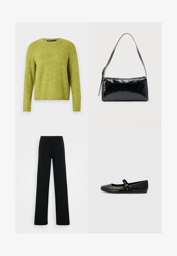 Jersey de punto verde de manga larga con un sutil patrón texturizado y cuello redondo sobre un fondo claro liso.; Vero Moda Tall VMBERLIN ZAMIRA WIDE - Pantalones - black; Bailarinas de cuero negro con punta redondeada, suela plana y una delgada correa ajustable en el empeine que cuenta con una hebilla de metal.; Bolso de hombro rectangular negro con una correa ajustable y un cierre de cremallera superior sobre un fondo liso.