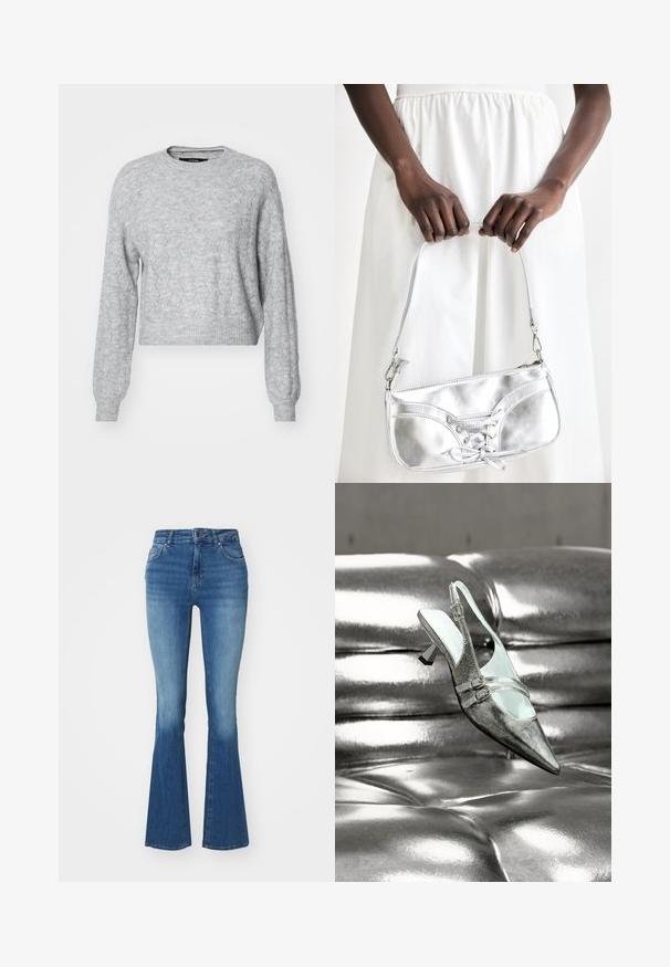 Vero Moda VMYEN ONECK - Striktrøje - light grey; Højtaljede klokkejeans i lyseblå denim, med en glat tekstur, lynlås med en knap og to frontlommer.; Sølv høje hæle slingback sko med to spænder, hvilende på en skinnende, tuftet sølv læderoverflade.; Sølvmetallic håndtaske med snøredetaljer, der har et slankt design og en kort strop. Tasken holdes i hænderne for at fremvise dens tekstur.