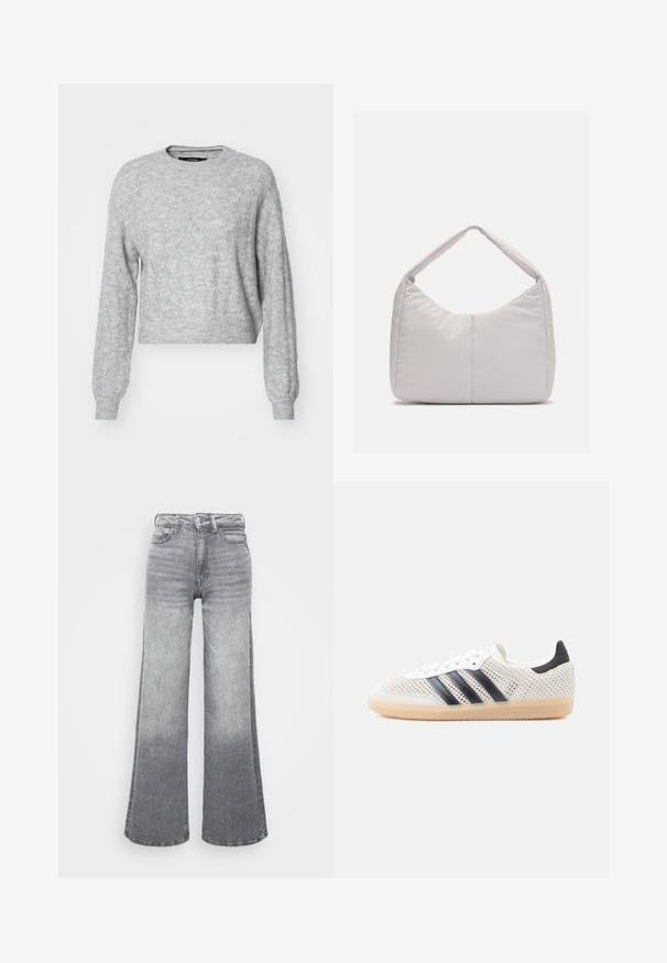 Vero Moda VMYEN ONECK - Striktrøje - light grey; Grå denim brede ben jeans med en lys til mørk gradient, der har høj talje, fem lommer og en klassisk knaplukning.; Hvide mesh-sneakers med sort tre-stribet design, rundet tå og gummisål. Har blød hælkant og snørelukning.; Lys grå polstret skuldertaske med en buet form, der har en enkelt håndtag og en glat, textured overflade. Simpelt design uden yderligere hardware.
