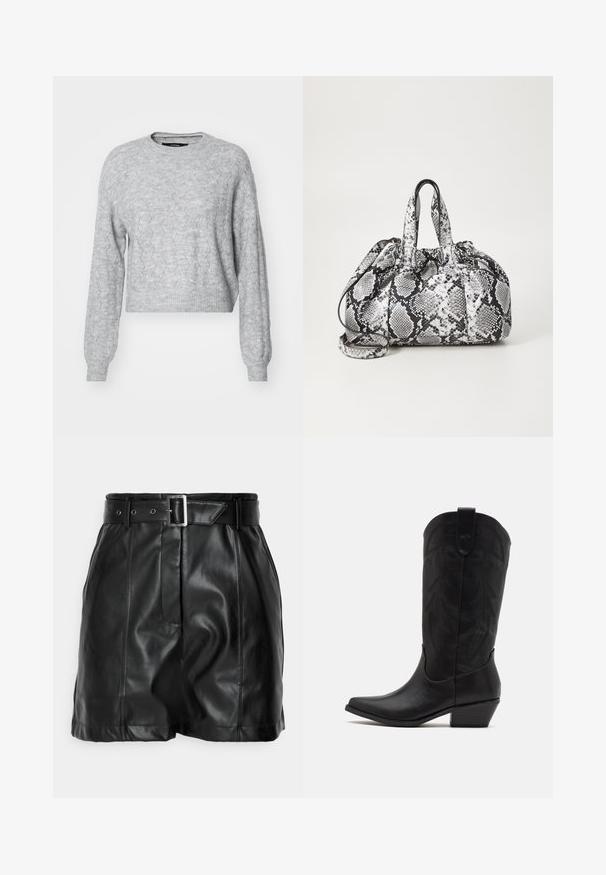 Vero Moda VMYEN ONECK - Trui - light grey; Zwarte leren shorts met een gladde textuur, hoge taille en een brede riem met een rechthoekige zilveren gesp. Geplooid ontwerp aan de voorkant.; Zwarte leren cowboylaars met spitse neus, lage gestapelde hak en een ingewikkeld geïmbossieerd bladerenpatroon op de schacht. Lus aan de bovenkant voor eenvoudig aantrekken.; Zwart-wit handtas met slangenhuidpatroon, voorzien van twee handvaten, een trekkoordsluiting en een afneembare schouderriem. Hanteert een gladde textuur.
