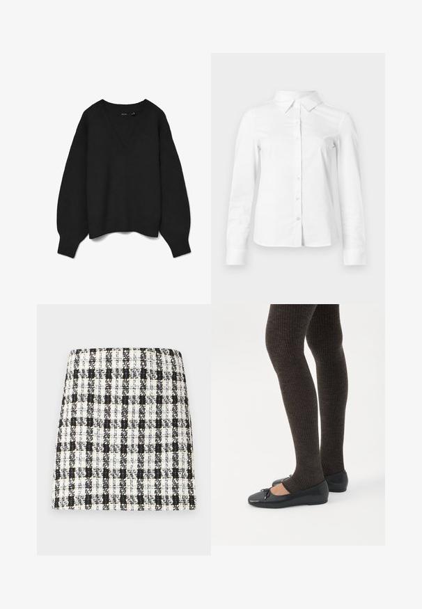 Pull noir en tricot avec un col en V profond, épaules tombantes et poignets et ourlet côtelés. Texture douce avec une coupe oversize. Pas de motifs visibles.; Chemise blanche à manches longues avec boutons, col pointu, ourlet droit et silhouette ajustée, présentée sur un fond clair uni.; Jupe à carreaux noir et blanc en tissu texturé, dotée d'un design structuré avec une coupe droite et des détails minimalistes.; Jambes portant des leggings côtelés foncés associés à des ballerines noires avec de petits détails en nœud sur fond blanc.