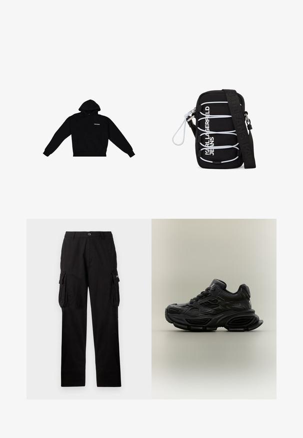 Sort hætte sweatshirt lavet af blødt stof, med en kængurulomme og hvidt "DROPSIZE" logo på brystet. Ribkanter ved ærmer og kant.; Sorte cargo bukser lavet af slidstærkt stof, med en afslappet pasform, sidelommer og knaplukning. Glat tekstur med svag glans.; Sort chunky sneaker med tekstureret design, tyk sål og snørelukning vist mod en almindelig neutral baggrund.; Sort crossbody-taske med hvide elastiske snore, sølv hardware og teksten "KARL LAGERFELD JEANS" i hvid på forsiden, med en bred sort strop.