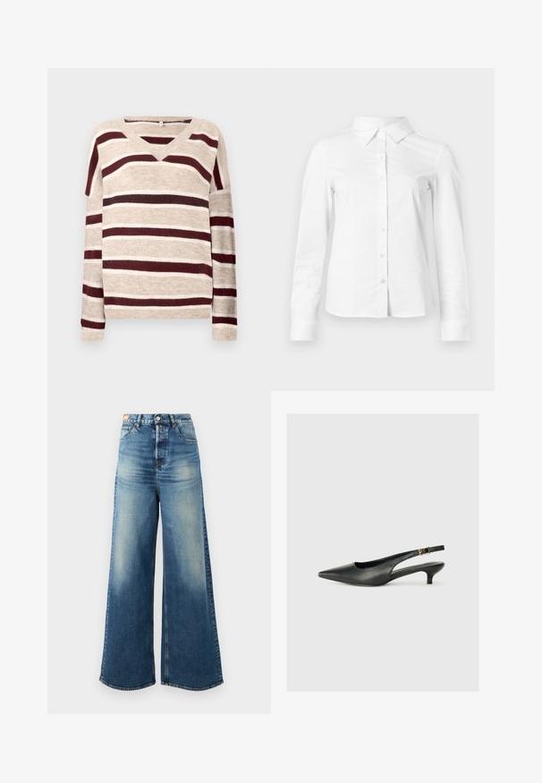 V-hals sweater i beige med mørkerøde og cremefarvede striber. Har lange ærmer og ribkant. Blød tekstur og afslappet pasform.; Hvid skjorte med lange ærmer, knapper, spids krave, lige kant og tætsiddende silhuet, vist på en ensartet lys baggrund.; Bredde ben blue denim jeans med en falmet finish, høj talje og klassisk fem-lomme design. Har kobber hardware og flossede kanter.; Sorte spidse slingback-sko lavet af glat læder. Har en tynd hæl og en spænde detalje på den justerbare rem.