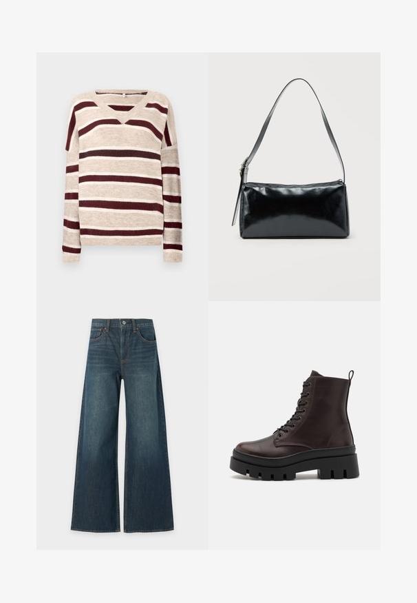 V-hals sweater i beige med mørkerøde og cremefarvede striber. Har lange ærmer og ribkant. Blød tekstur og afslappet pasform.; Blå bredbenede denimjeans med fem lommer, knaplukning og synlige brune syninger, vist fladt på en hvid baggrund.; Brune læder ankelstøvler med en rund tå, sort kraftig sål og snørredetaljer. Har en bageste løkke for nem påtagning.; Sort rektangulær skuldertaske med en enkelt justerbar rem og lynlås i toppen på en ensfarvet baggrund.