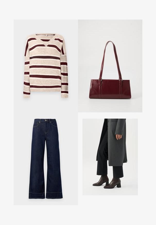 Pull en V beige avec des rayures rouge foncé et crème. Doté de manches longues et d'un ourlet côtelé. Texture douce et coupe décontractée.; Jean large bleu foncé en denim. Caractéristiques : fermeture par bouton, détails de couture et poches latérales. Ourlet évasé en bas.; Bottines à talons hauts en cuir marron foncé avec un bout pointu et un talon carré, associées à un pantalon noir et un manteau gris.; Sac à main bordeaux en matériau brillant, de forme rectangulaire, avec deux anses et des accents légèrement courbés à l'avant.