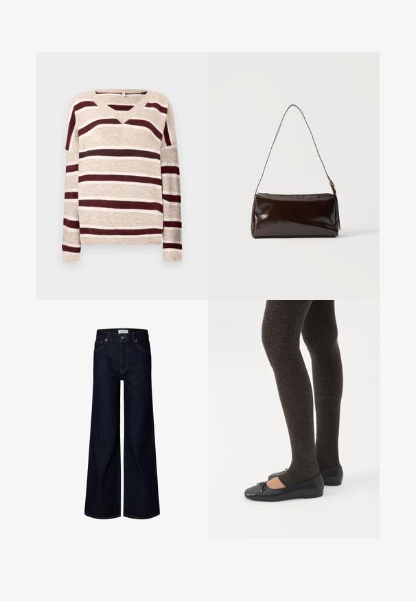 V-hals sweater i beige med mørkerøde og cremefarvede striber. Har lange ærmer og ribkant. Blød tekstur og afslappet pasform.; Mørkeblå bredbenede denimjeans med frontknap og lynlås, bæltestropper og frontlommer, vist på en hvid baggrund.; Ben iført mørke ribbede leggings kombineret med sorte balletsko med små sløjfedetaljer på hvid baggrund.; Mørkebrun rektangulær læder skuldertaske med en enkelt tynd rem og spænde i guldton på en ensfarvet baggrund.